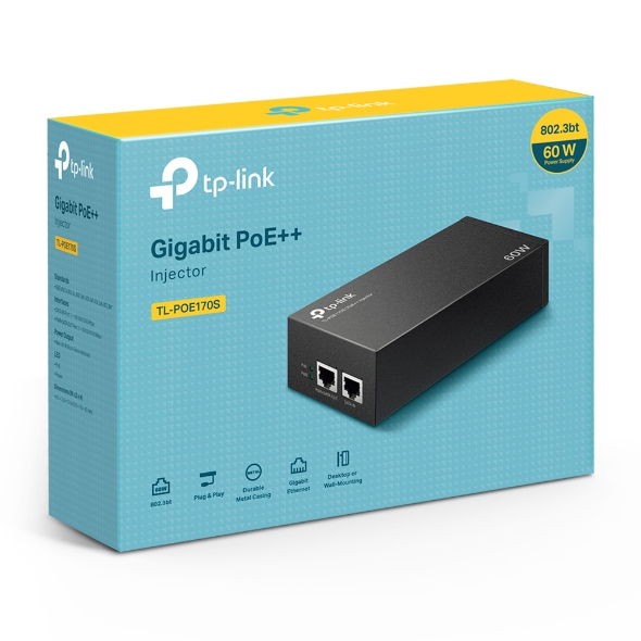 TP-Link TL-POE170S Omada PoE++ Injector 60W, 2 Gigabit RJ45 Ports, 802.3af/at/bt, Integrated Power Supply, Wall Mountable, Plug & Play