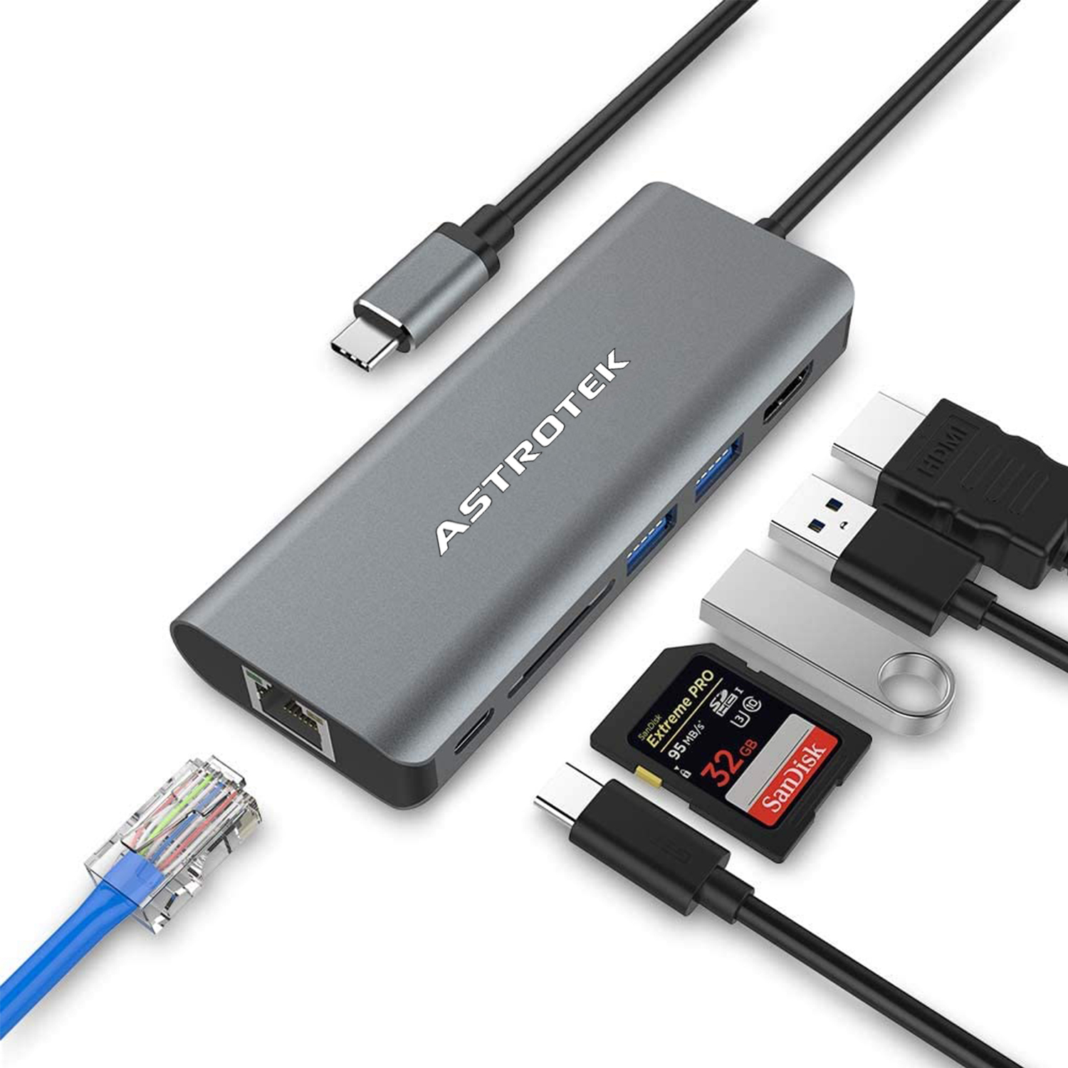 Astrotek USB-C Dock 6-in-1 Multiport Hub with 60W Power Delivery, 4K HDMI, Gigabit Ethernet, 2x USB 3.0 & SD Card Reader for HP Lenovo Asus MacBook Chromebook