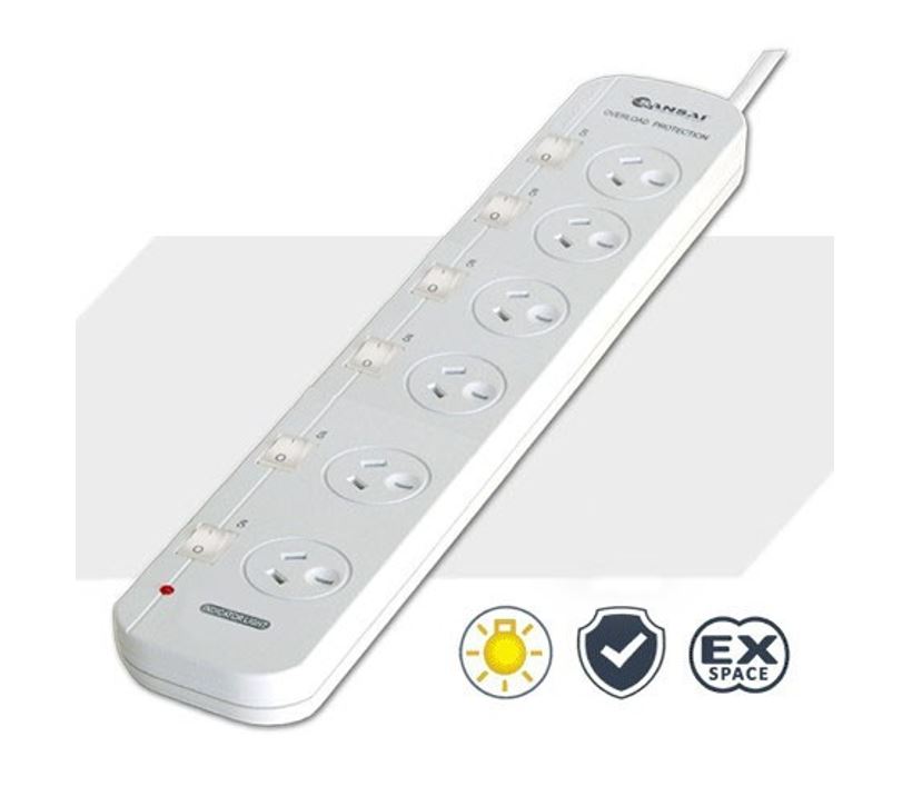 Sansai 6 Way Powerboard 6 Outlet 10A 240V Individually Switched with Overload Protection and 1M Cord