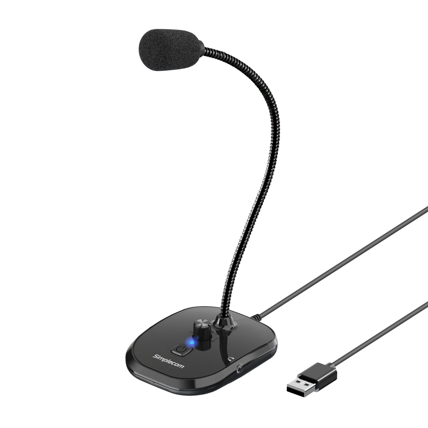 Simplecom UM360 USB Desktop Microphone with Built-in Headphone Jack and Omnidirectional Pickup - Plug & Play, Adjustable Neck, Volume Control