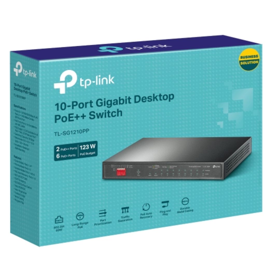 TP-Link TL-SG1210PP 10-Port Gigabit Desktop Switch with 6-Port PoE+ and 2-Port PoE++ | 9× 10/100/1000Mbps RJ45 & 1× 1000Mbps Combo SFP/RJ45 Port