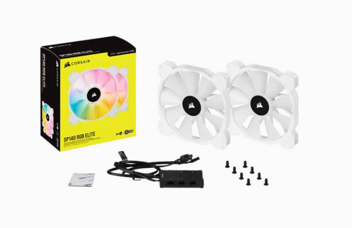 Corsair SP140 RGB ELITE Dual 140mm PWM Cooling Fans with AirGuide & Lighting Node CORE – White, 68 CFM, Hydraulic Bearing, RGB LED