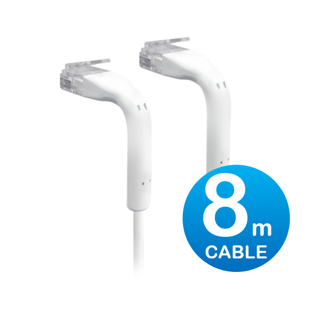 UniFi 8m White Cat6 Ultra-Thin RJ45 Ethernet Patch Cable with Bendable 90° Boots, 3mm Diameter, GbE & PoE Support