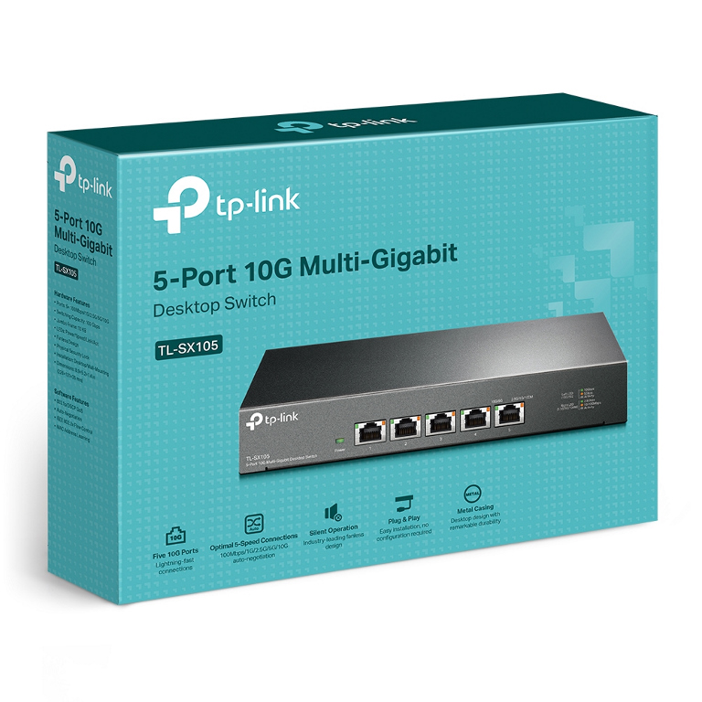 TP-Link TL-SX105 5-Port 10G Desktop Switch - 100 Gbps Switching Capacity, Fanless Silent Operation, Metal Casing, Multi-Gigabit RJ45 Ports