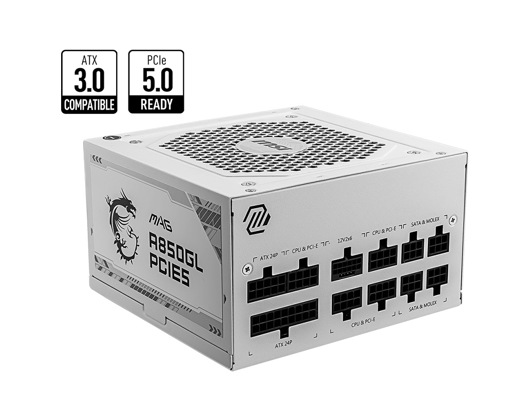 MSI MAG A850GL PCIE5 White 850W 80 Plus Gold Fully Modular ATX 3.0 Power Supply with PCIe 5.0 16-pin GPU Connector