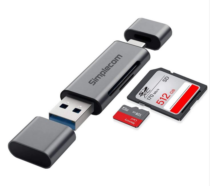 Simplecom CR402 USB 3.2 Gen 1 SuperSpeed Dual USB-C & USB-A SD/MicroSD Card Reader with Aluminium Housing