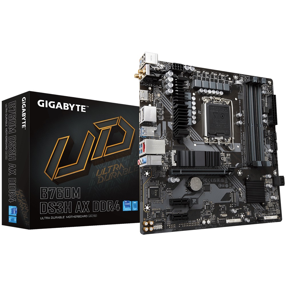 GIGABYTE B760M DS3H AX DDR4 Micro ATX Motherboard LGA 1700 with Wi-Fi 6E, DDR4 5333+ MHz OC, PCIe 4.0, Dual M.2 & USB 3.2 Gen2 Type-C