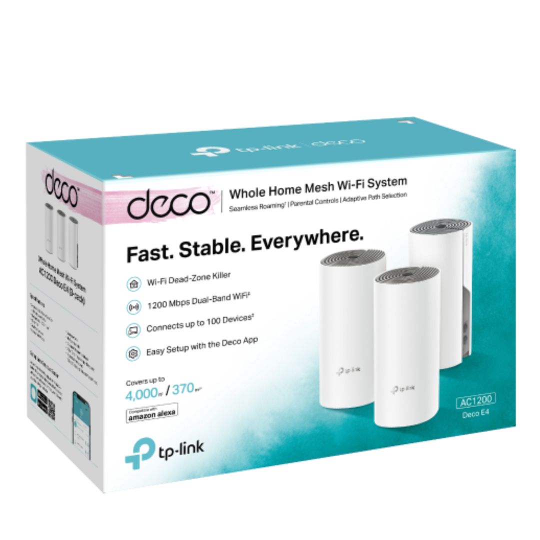 TP-Link Deco E4 (3-Pack) AC1200 Whole Home Mesh Wi-Fi System - Seamless Coverage up to 370sqm, Supports 100 Devices, Dual Band 1167Mbps