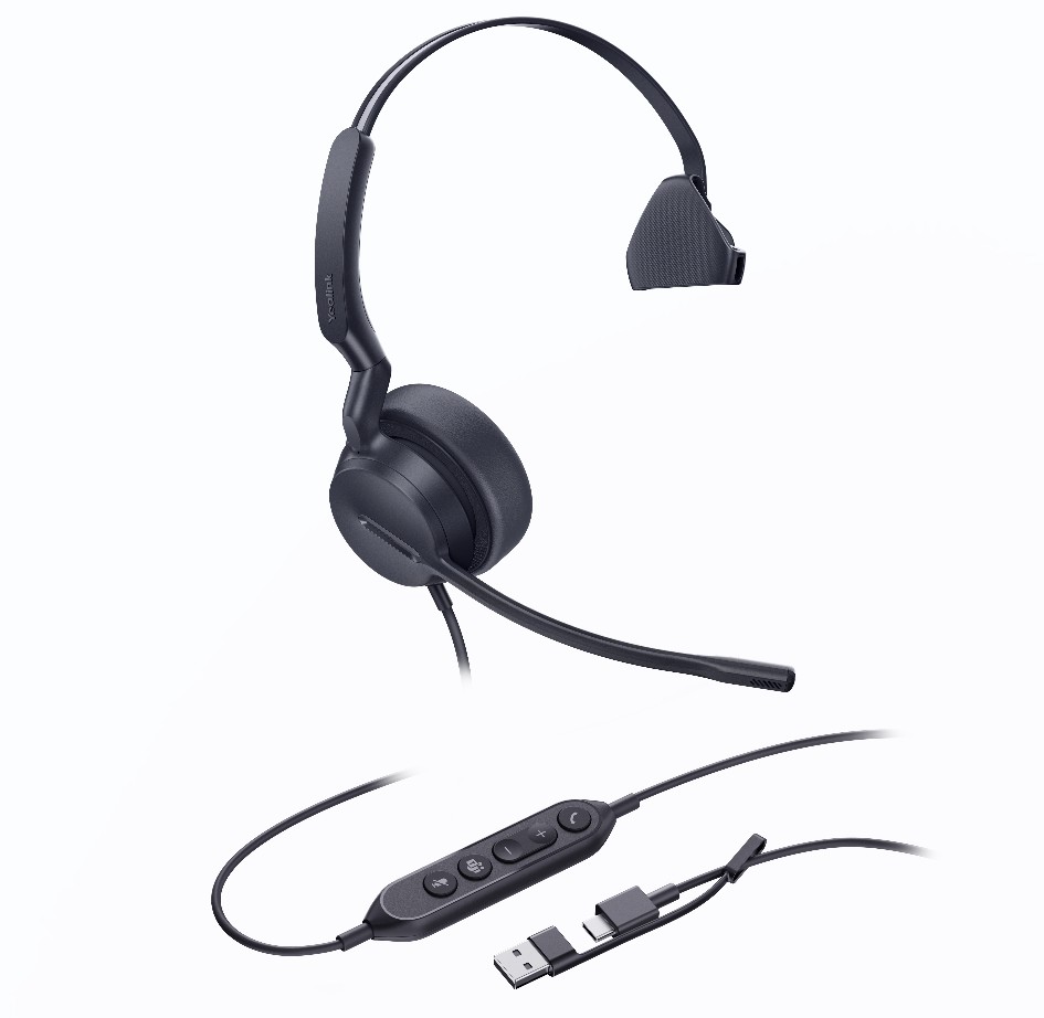 Yealink UH44 Mono Teams USB-C/A Wired Headset | Dual Noise-Canceling Mics, 35mm Speaker, Busylight, Leather Ear Cushions