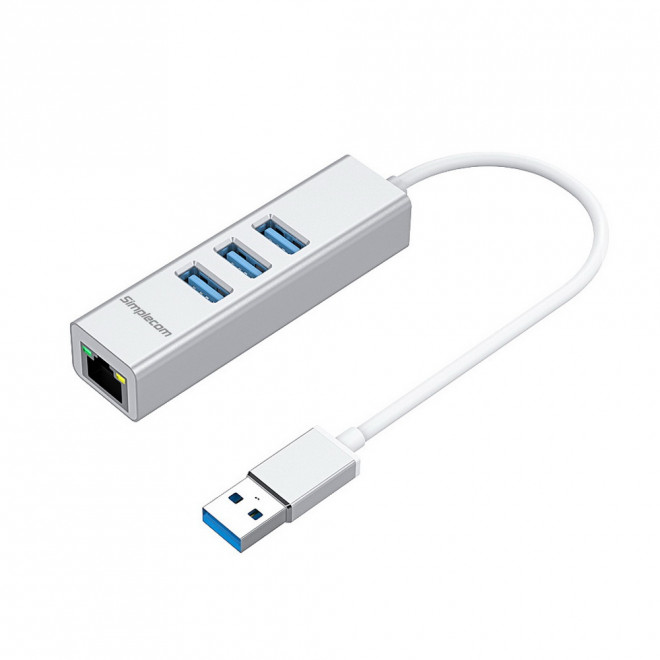 Simplecom CHN420 Silver Aluminium 3-Port USB 3.2 Gen1 SuperSpeed Hub with Gigabit Ethernet Adapter RJ45 USB-A
