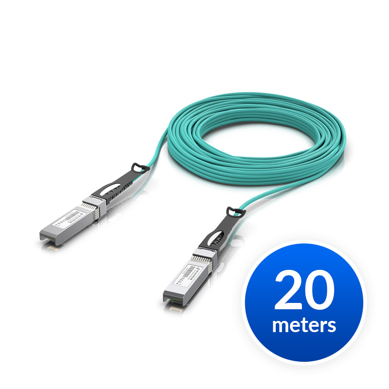 Ubiquiti 25 Gbps Long-Range SFP28 DAC Cable - 20m Active Optical PVC Jacket Aqua Color, Supports 25/10/1 Gbps