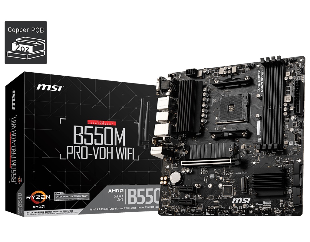 MSI B550M PRO-VDH WIFI Micro-ATX Motherboard – AMD AM4, 4x DDR4 up to 128GB, PCIe 4.0 x16, Dual M.2, Wi‑Fi AC, HDMI/DP/VGA
