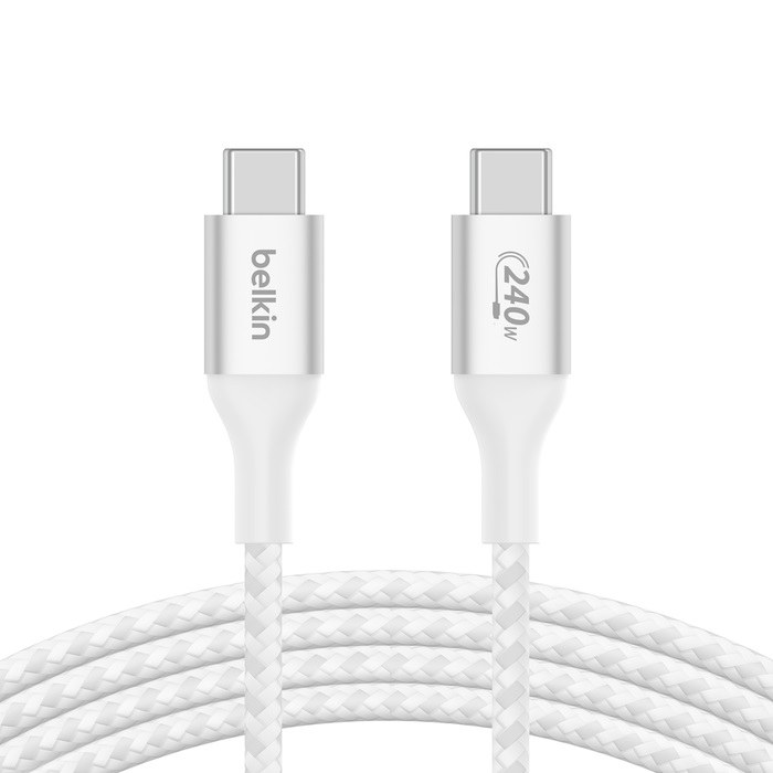 Belkin BoostCharge Braided USB-C to USB-C PD 3.1 Cable 2M White - 240W Fast Charging, 480Mbps Data, Durable Nylon, Safe Dual E-Marker, USB-IF Certified