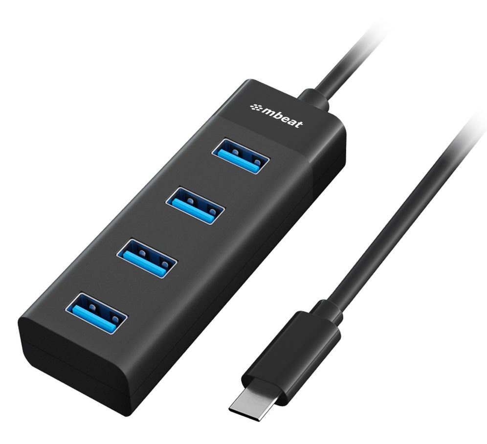 mbeat USB-C to 4-Port USB 3.0 Hub - High Speed 5Gbps Data Transfer, Compact Black ABS Plastic Design