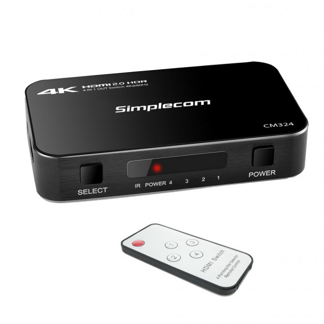 Simplecom CM324 4 Way HDMI 2.0 Switch 4 In 1 Out 4K UHD 60Hz HDR HDCP 2.2 with Remote and USB Power