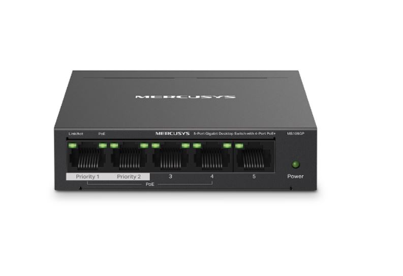 Mercusys MS105GP 5-Port Gigabit Desktop Switch with 4-Port PoE+, 10/100/1000 Mbps RJ45, Extend Mode up to 250m, 65W PoE Budget