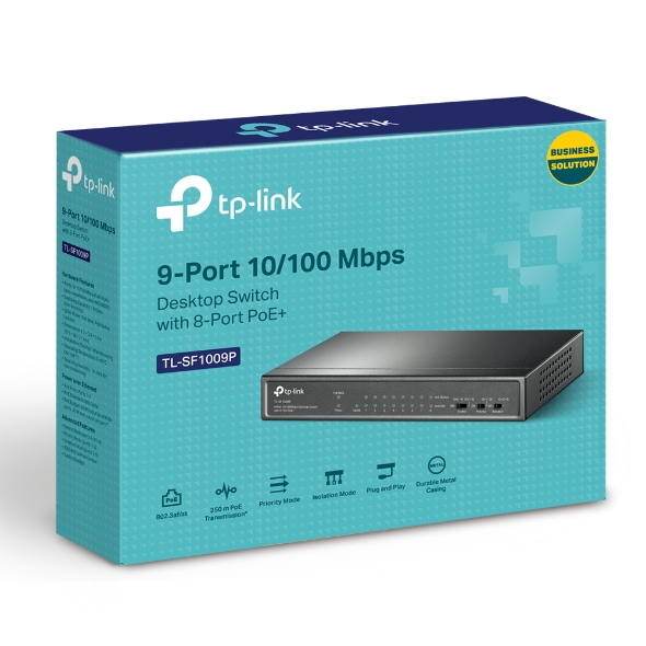 TP-Link TL-SF1009P 9-Port 10/100Mbps Desktop Switch with 8-Port PoE+, 65W Power Budget, Extend, Priority & Isolation Modes