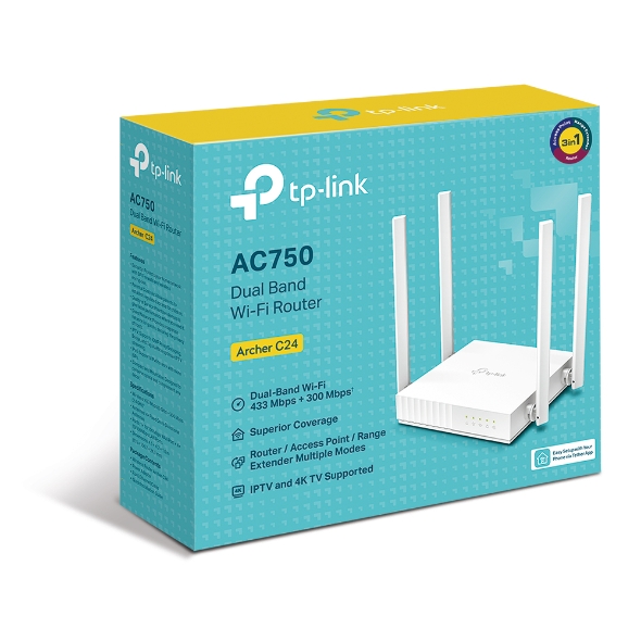TP-Link Archer C24 AC750 Dual-Band Wi-Fi Router with 4 Antennas, 300Mbps 2.4GHz & 433Mbps 5GHz, 4 LAN Ports, Router/Access Point/Range Extender Modes