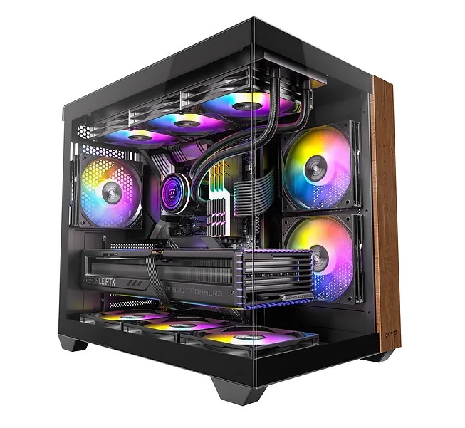 OKINOS M6 ARGB ATX Mid-Tower PC Case with Genuine Walnut Wood Panel, Tempered Glass, 4x120mm ARGB PWM Fans, Type-C 10Gbps, Panoramic View, Black