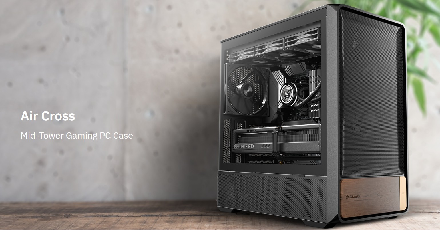 OKINOS Air Cross Mid Tower Gaming PC Case with Dual-Channel Airflow, USB 3.0 x2, Type-C 3.2 Gen 2, and 4mm Tempered Glass Side Panel