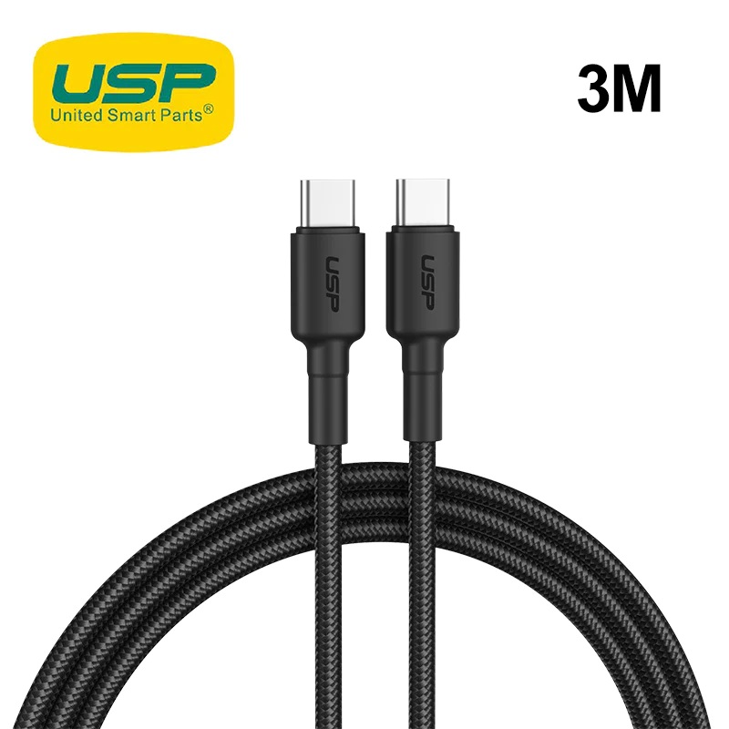 USP BoostUp 3M Braided USB-C to USB-C Fast Charging Cable 3A Durable Nylon for Samsung, Apple iPhone, iPad, MacBook, Google, OPPO, Nokia