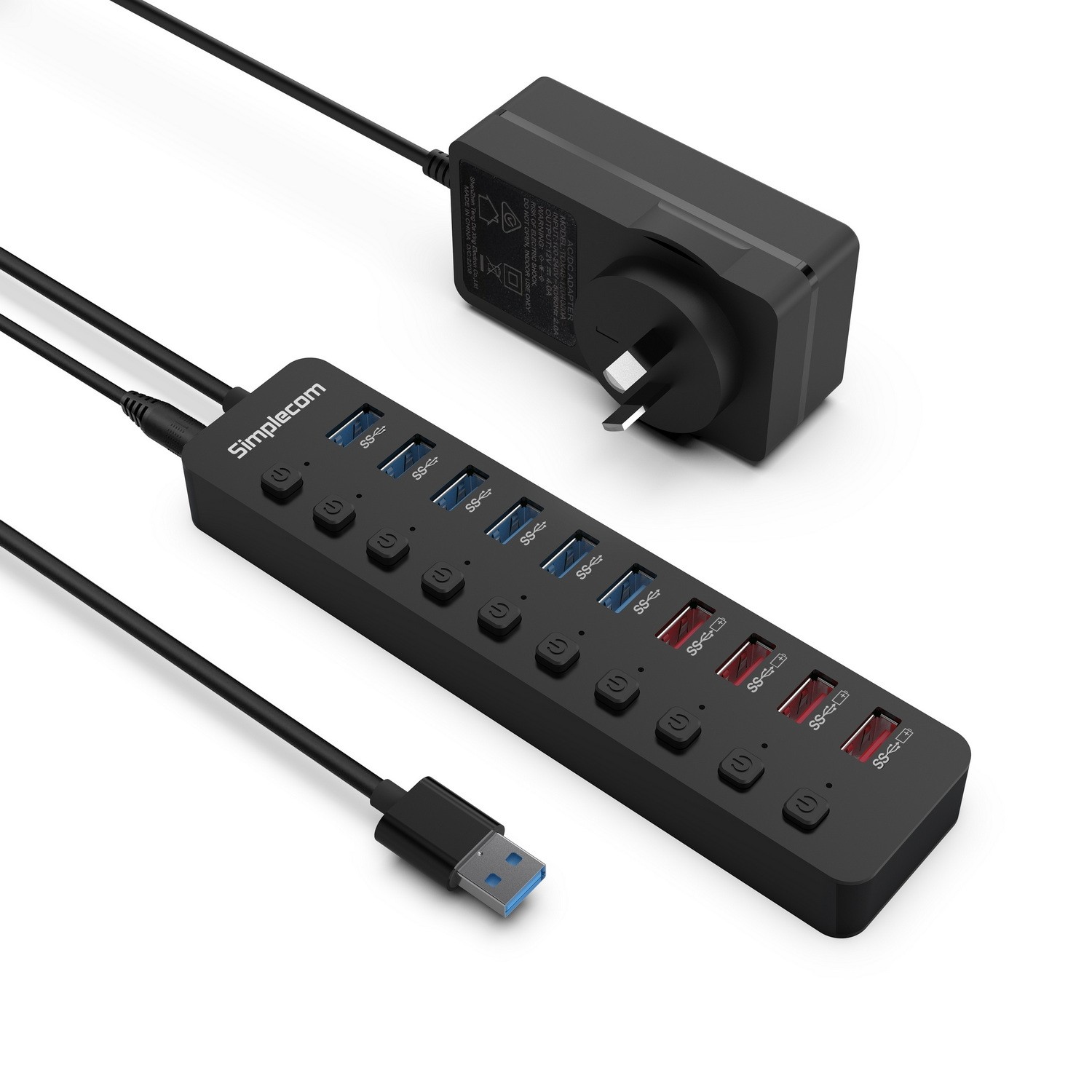Simplecom CHU810 48W 10-Port USB 3.0 Hub and Charger with Individual Switches, BC1.2 Fast Charging, Aluminium Shell