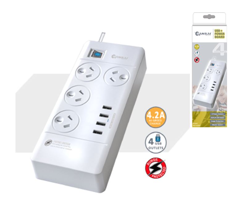 Sansai 4 Outlet & 4 USB Surge Protected Powerboard with Master Switch, 1M Lead & Right Angle Plug, 230-240VAC, 10A, 2400W Maximum