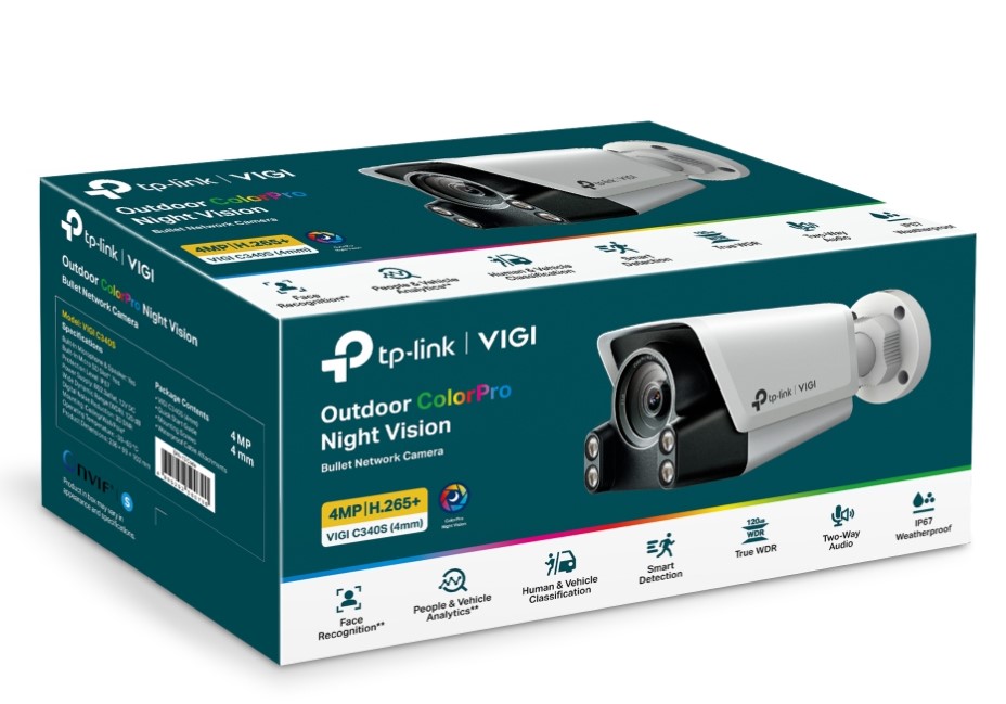 TP-Link VIGI 4MP C340S Outdoor ColourPro Night Vision Bullet Network Camera with 4mm Lens, Smart Detection, PoE, and IP67 Weatherproof