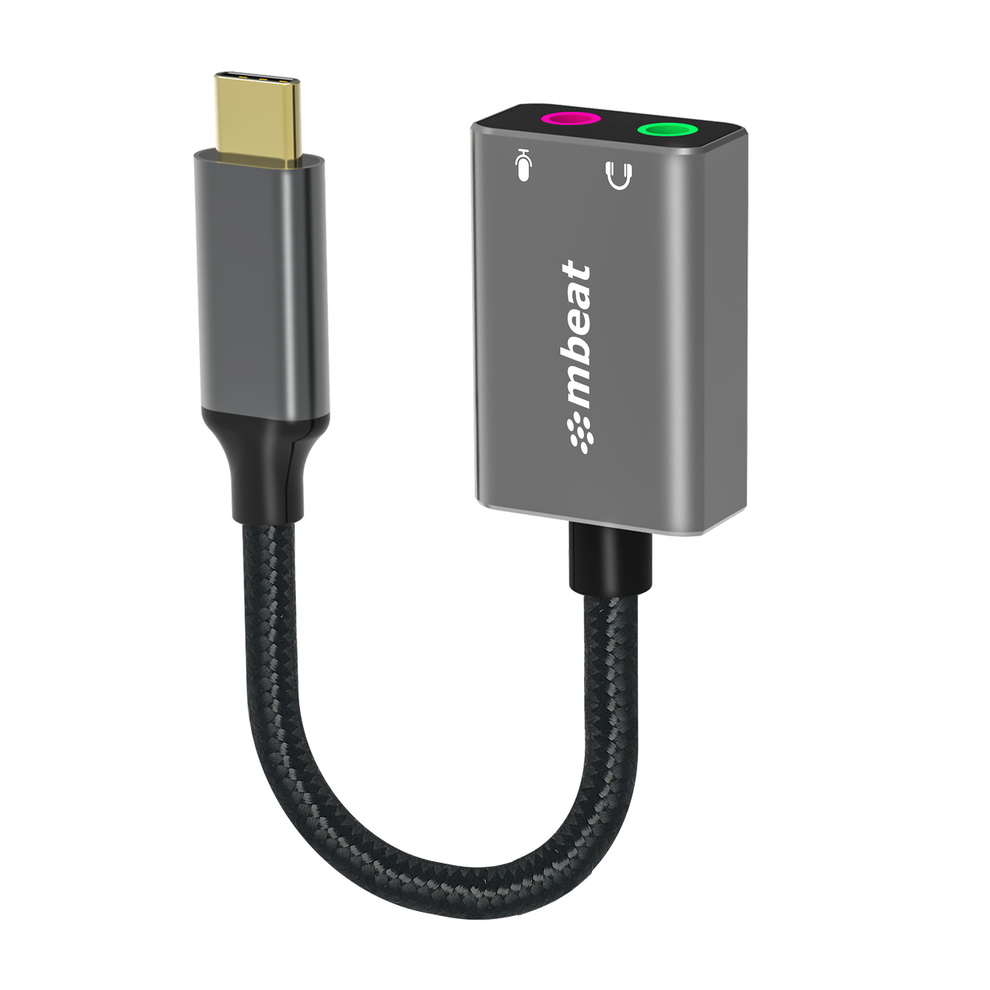 mbeat Elite USB-C to 3.5mm Audio and Microphone Adapter with Gold Plated Connectors and Nylon Braided Cable - USB 3.1 Gen 1, 44.1/48kHz Support