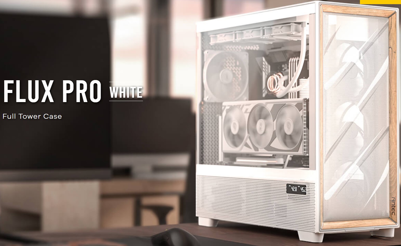 Antec FLUX PRO White E-ATX Full Tower PC Case with Premium Birch Trim, iUnity CPU & GPU Temperature Display, 6x High-Performance ARGB PWM Fans, iShift PSU 90° Mount