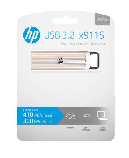 HP 911S 512GB Solid State Grade USB 3.2 Type-A Flash Drive - Up to 410MB/s Read & 300MB/s Write Speeds, Durable Push-n-Pull Design