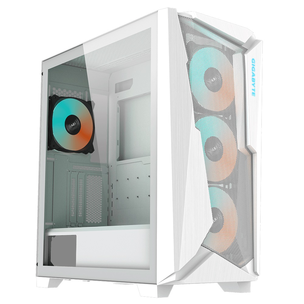 GIGABYTE C301 RGB White Mid Tower Gaming PC Case with Tempered Glass, ARGB Fans, USB 3.1 Type-C, Supports E-ATX Motherboards & 360mm Radiators