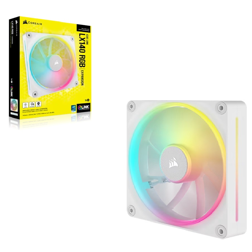 Corsair iCUE LINK LX140 RGB 140mm PWM Static Pressure Fan - 2000 RPM, 84.7 CFM, Dual RGB Rings, Magnetic Dome Bearing, White