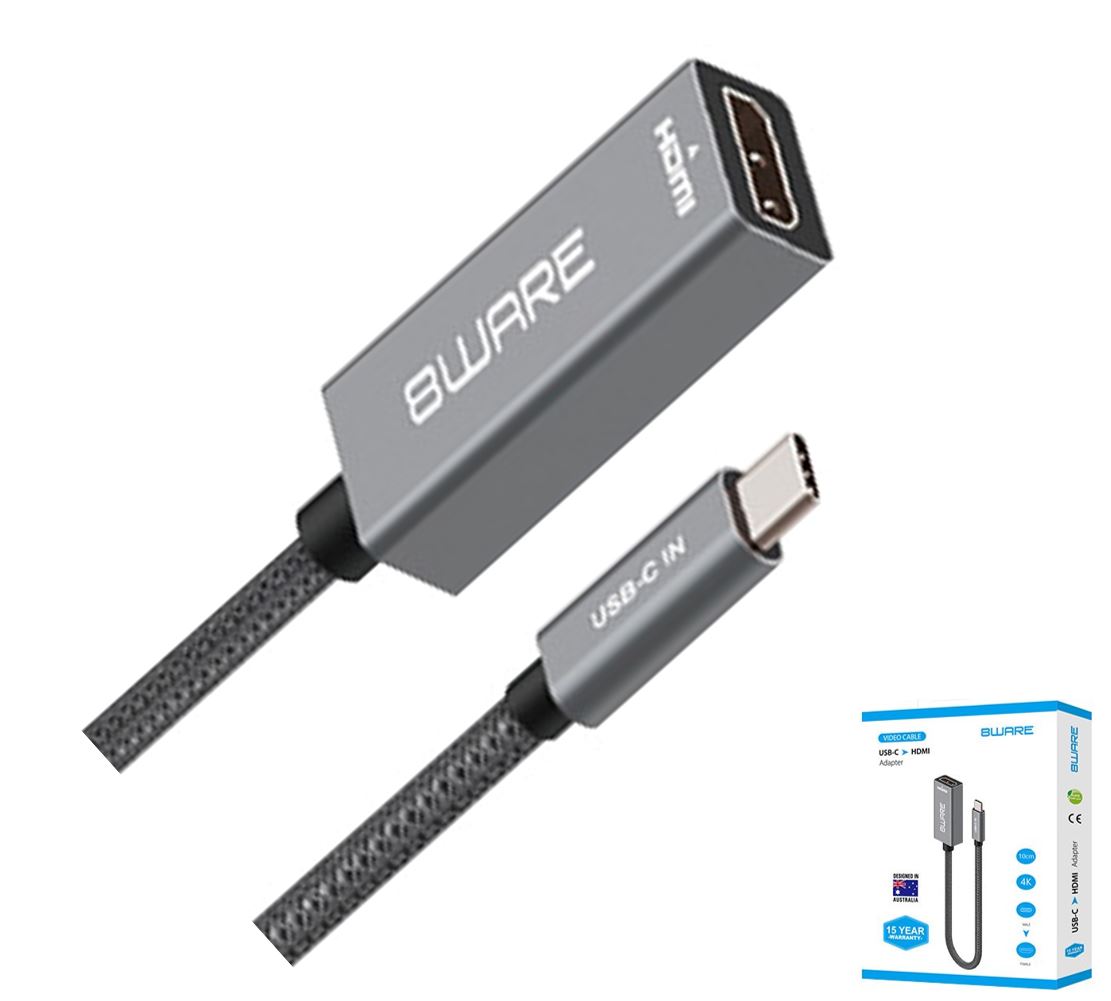 8Ware 10cm USB-C to HDMI Male to Female Adapter Cable 4K 30Hz Thunderbolt 3 Compatible for PC Laptop iPad MacBook Pro Air Surface Dell XPS