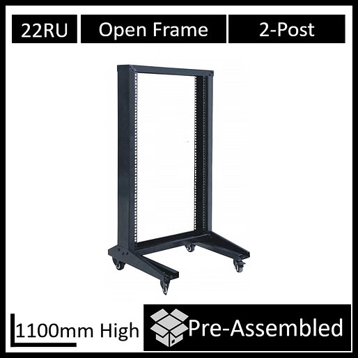 LDR 22U 2-Post Open Frame Rack - Black Metal Construction Flat Packed Server Equipment Rack