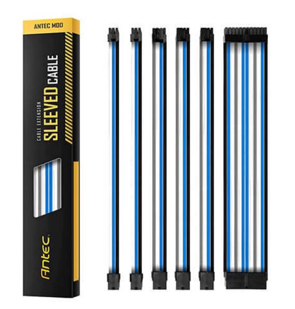 Antec PSU Sleeved Extension Cable Kit V2 - Blue/White/Black, 24PIN ATX, 4+4 EPS, 8PIN & 6PIN PCI-E, 300mm, Premium PET Sleeved, 16AWG, 24 Cable Combs, Compatible with Standard PSUs