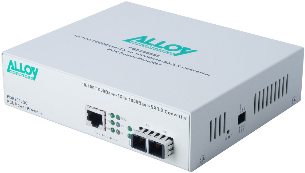 Alloy POE3000ST Gigabit PoE+ RJ-45 to 1000Base-SX Multimode ST Fiber Media Converter, 850nm, 550m Range, IEEE 802.3at Compliant