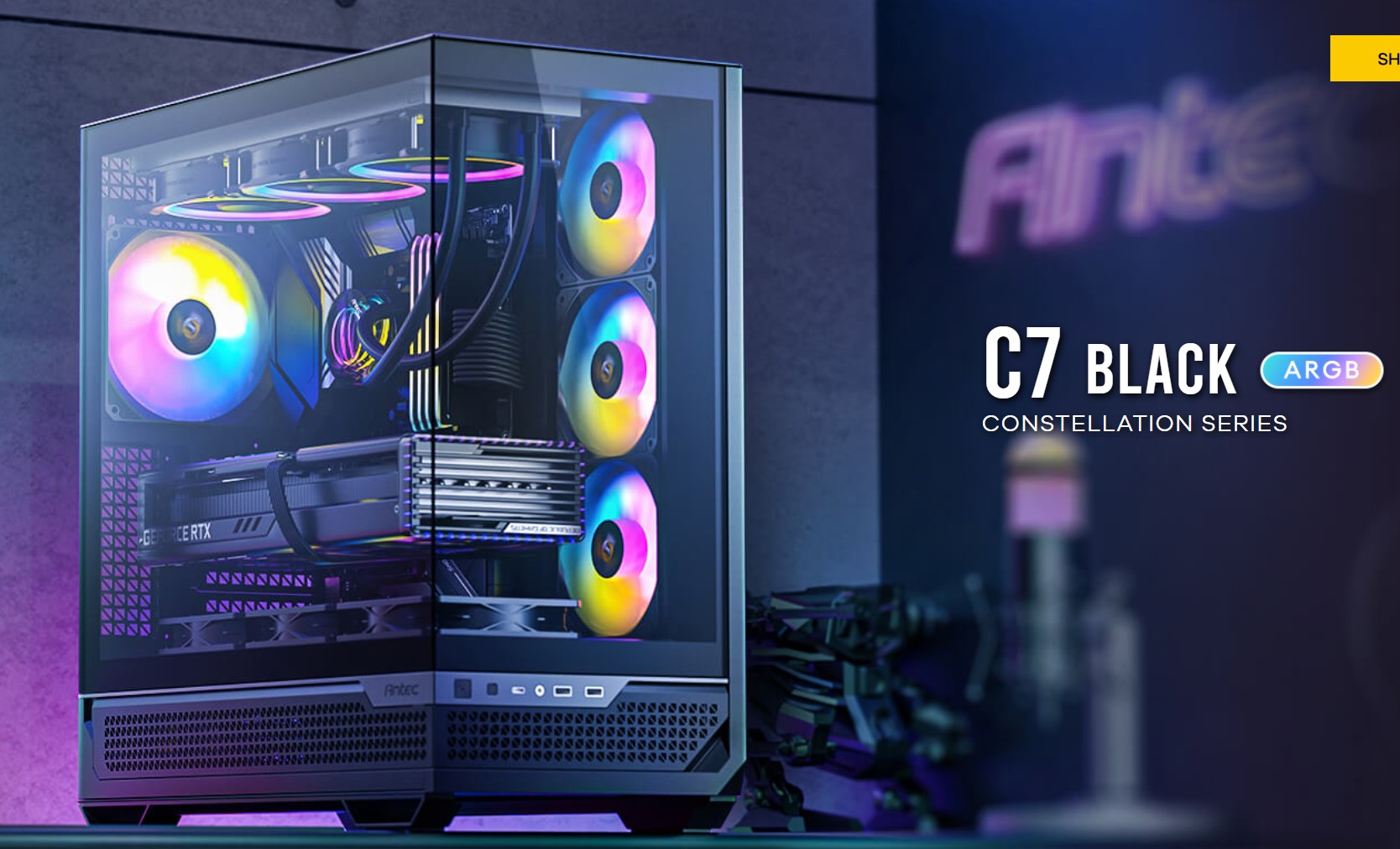 Antec C7-ARGB Mid Tower E-ATX PC Case with Panoramic 270° Tempered Glass, USB-C 10Gbps, 4x ARGB PWM Fans, Supports 360mm Radiators, Black