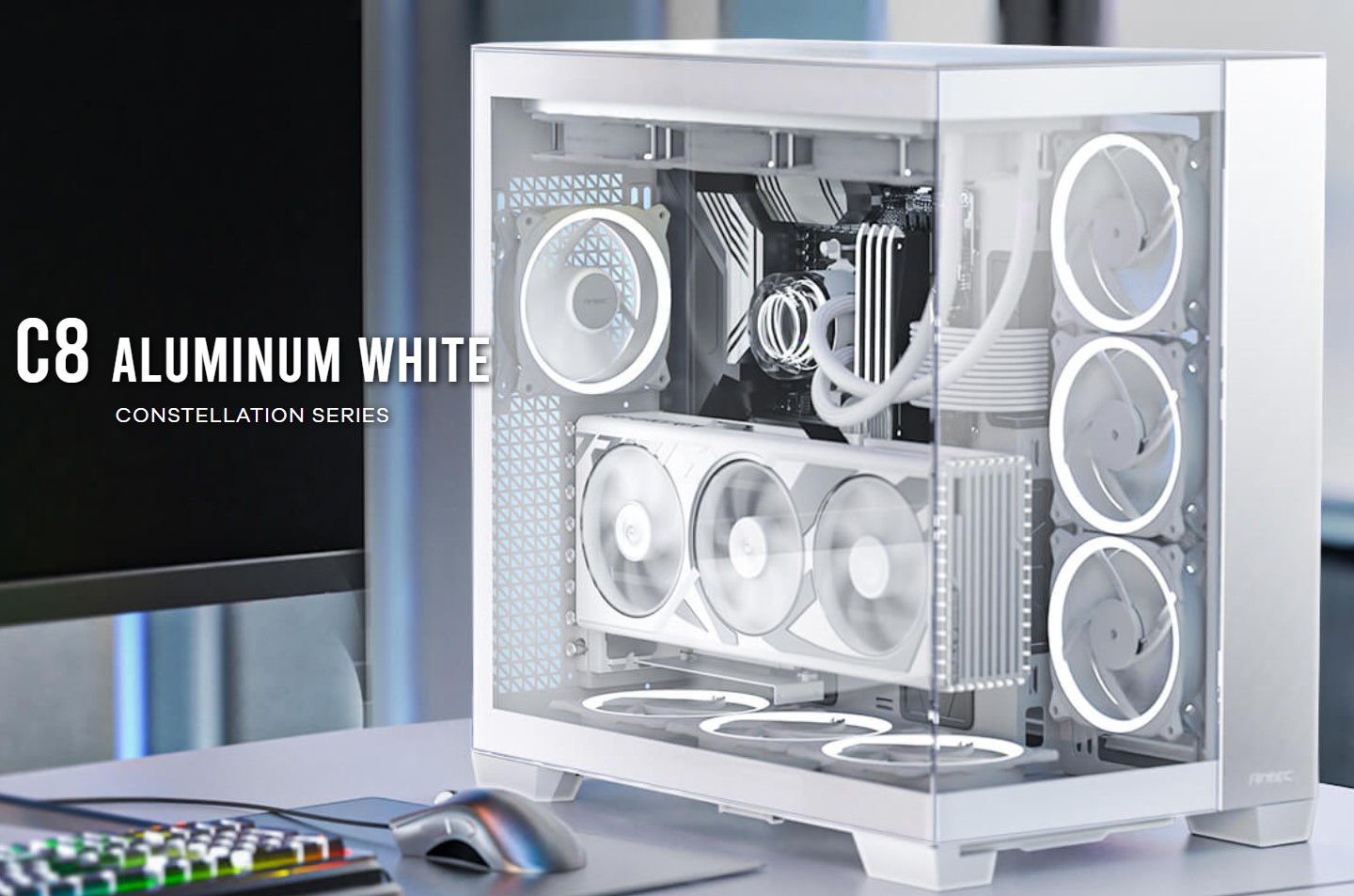 Antec C8 White E-ATX Full Tower PC Case with 4mm Tempered Glass, USB-C, and 360mm Radiator Support