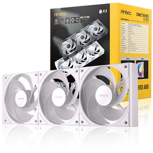 Antec Connect C120R ARGB White 3-Pack 120mm PWM Case Fans with Hydraulic Bearing, Reverse Blade Design & Vibration Absorbing Pads