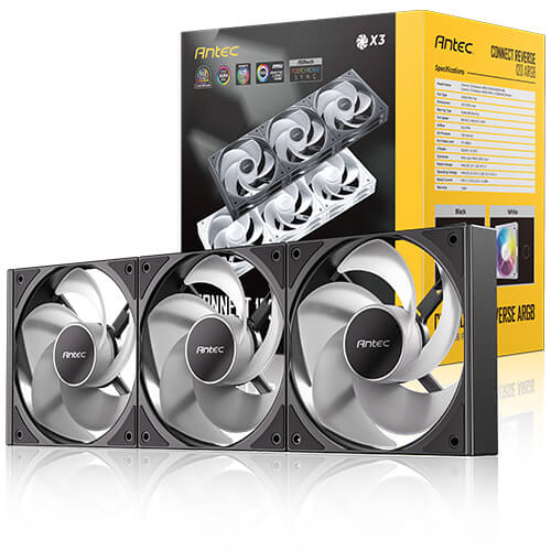 Antec Connect C120R Reverse Black ARGB 3PK 120mm PWM Fans with Vibration Absorbing Pads and Daisy-Chain Lighting