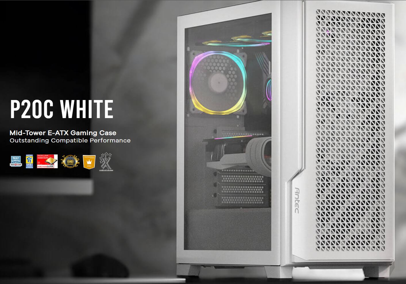 Antec P20C White Mid-Tower ATX E-ATX Gaming Case - USB-C 3.2 Gen 2, Tempered Glass, 3x RGB PWM Fans, 375mm GPU, 170mm CPU Cooler Clearance
