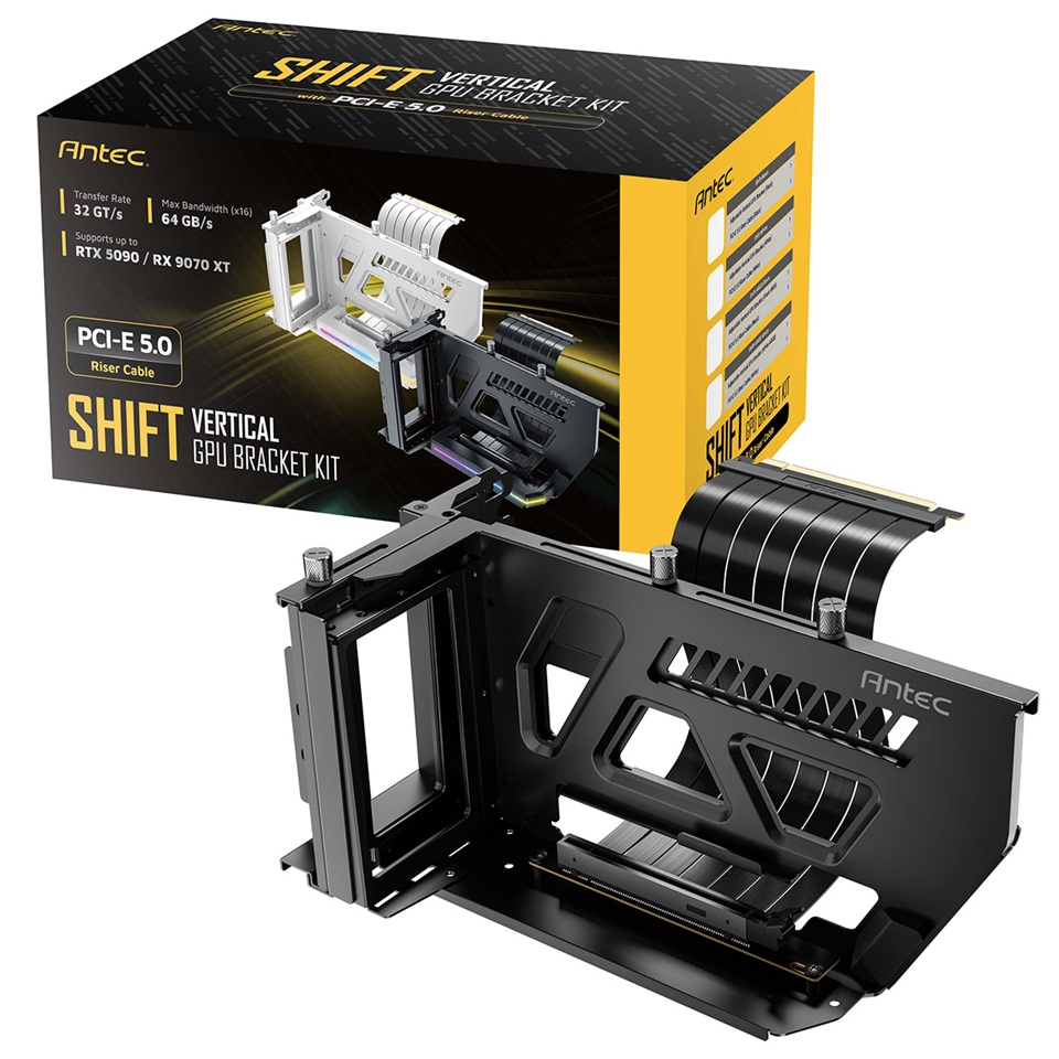 Antec SHIFT PCIE 5.0 ARGB Vertical GPU Bracket with 190mm PCIe 5.0 x16 Riser Cable, Adjustable, Supports Up to 3-Slot GPUs, Black, 1-Year Warranty