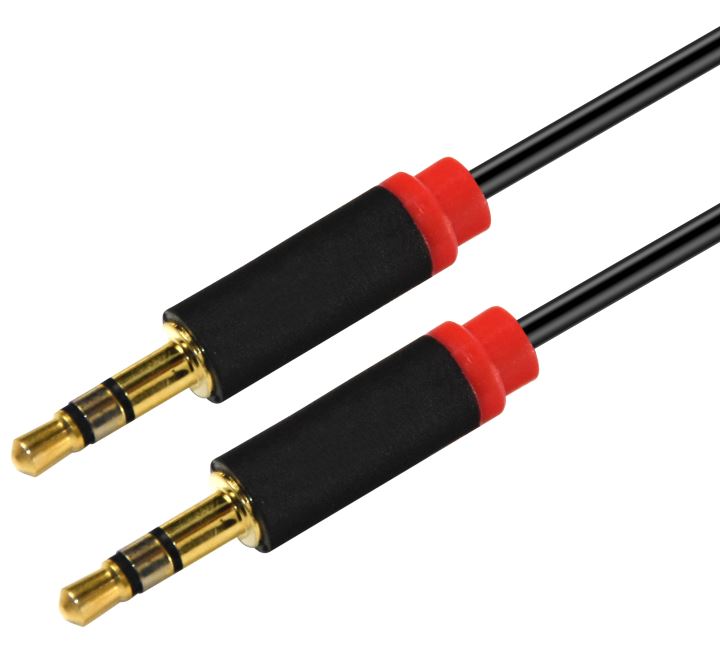 Astrotek 2m Stereo 3.5mm Male to Male Flat Audio Cable with Gold-Plated Connectors - Black with Red Mold, Tangle-Free Auxiliary Car Cord