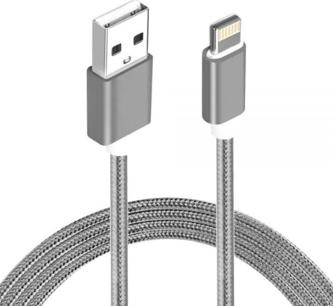 Astrotek 2m USB-A to Lightning Data Sync and Charging Cable for Apple iPhone, iPad, iPod - Grey White Nylon Braided Sleeve