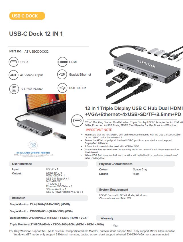 Astrotek SPEED USB Type-C Multiport Hub with D-Sub, DVI, 4K HDMI, USB 3.0 - 1 Year Warranty