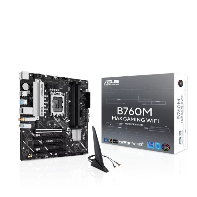 ASUS B760M MAX GAMING WIFI Intel LGA1700 mATX Motherboard with DDR5, PCIe 5.0, Wi-Fi 6, 3x M.2 Slots, 1Gb Ethernet, USB-C & Aura Sync RGB