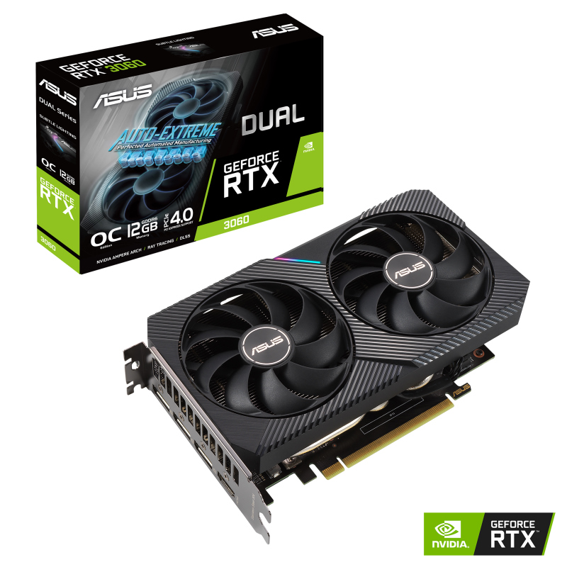 ASUS Dual GeForce RTX 3060 V2 OC Edition 12GB GDDR6, 1867 MHz Boost, HDMI 2.1, 3x DisplayPort 1.4a, PCIe 4.0, Dual Axial-Tech Fans