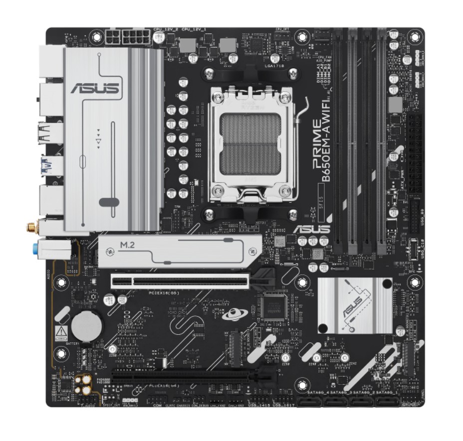 ASUS PRIME B650EM-A WIFI Micro-ATX AM5 Motherboard DDR5, PCIe 5.0, Triple M.2 Slots, Wi-Fi 6, 2.5Gb Ethernet, USB-C Front Panel, Aura Sync RGB