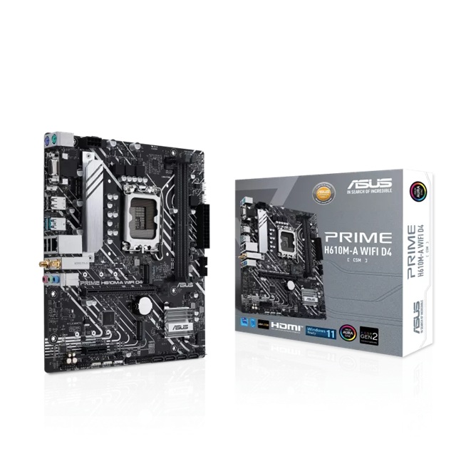 ASUS PRIME H610M-A WIFI D4-CSM Intel LGA 1700 mATX Motherboard with DDR4 64GB, PCIe 4.0, Dual M.2, WiFi 5, 1Gb Ethernet, HDMI, D-SUB, USB 3.2 Gen 2, SATA 6Gbps
